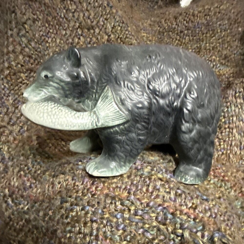 Gray Bear Figurine Carrying Fish in Mouth, Marked "Japan" Animal Figure